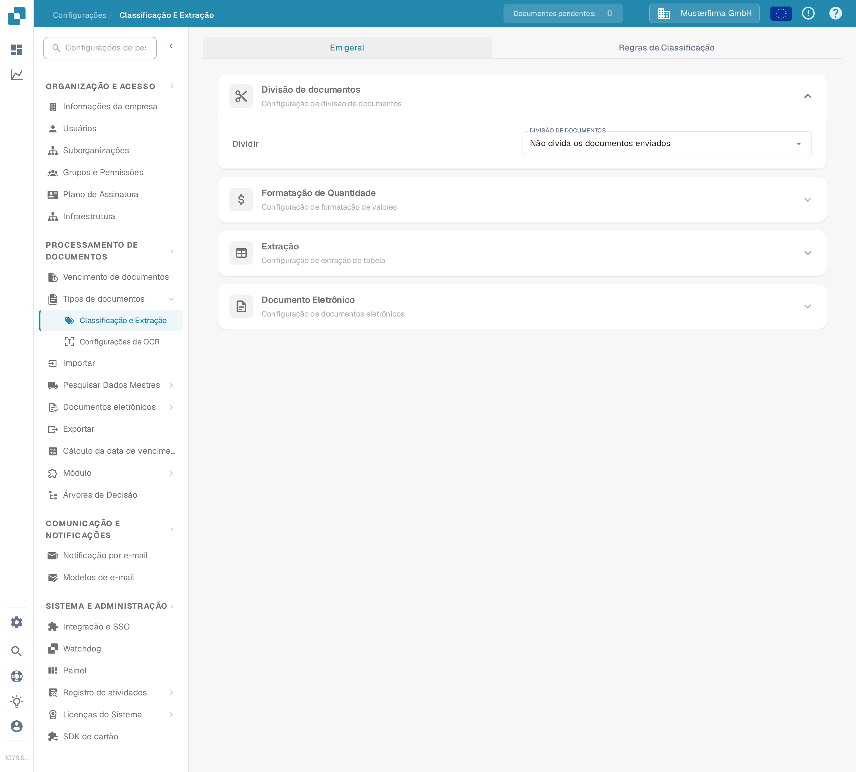 Navegação das configurações com Processamento de documentos e Classificação e Extração realçados