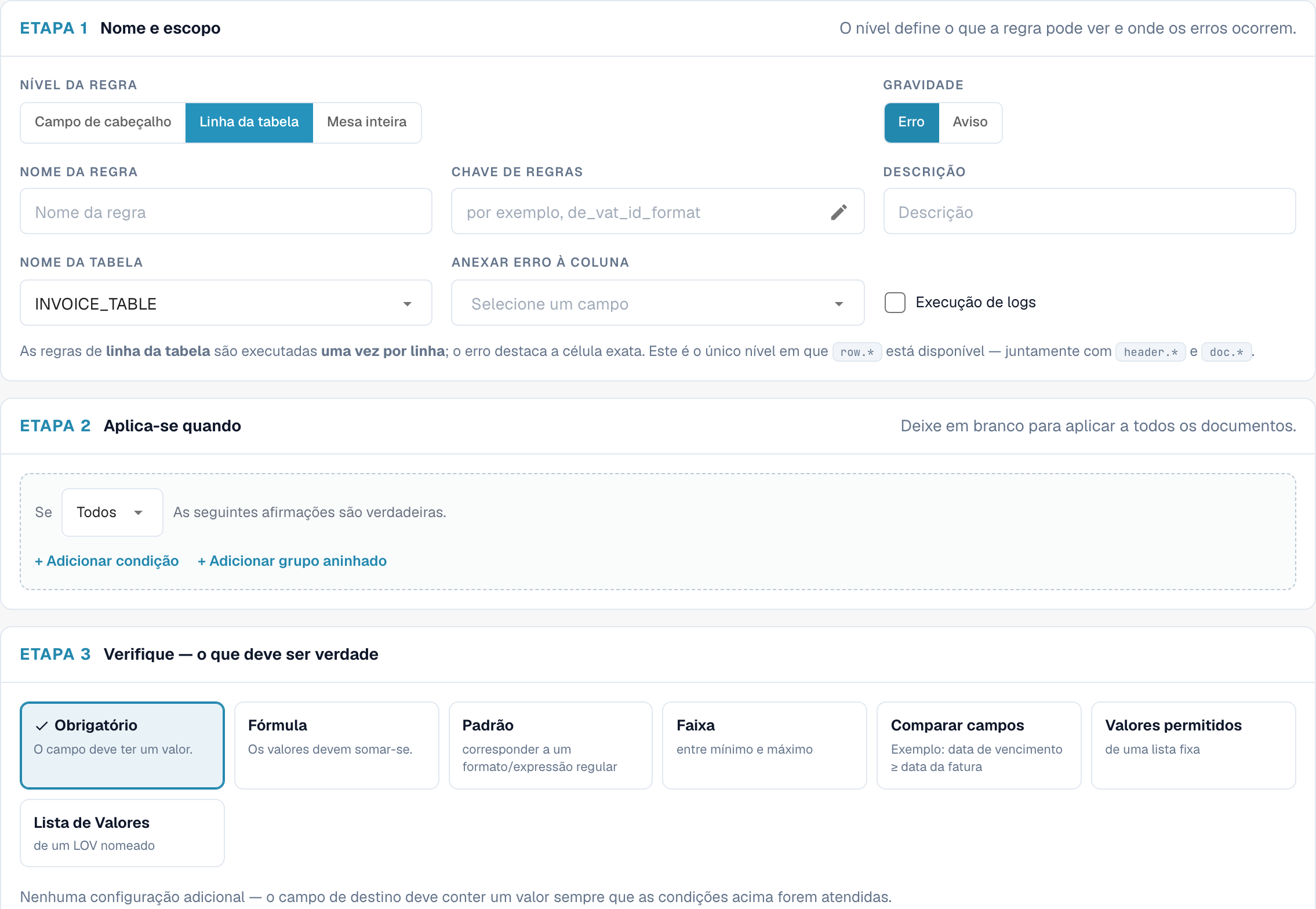 Etapa 1 para uma regra de linha de tabela