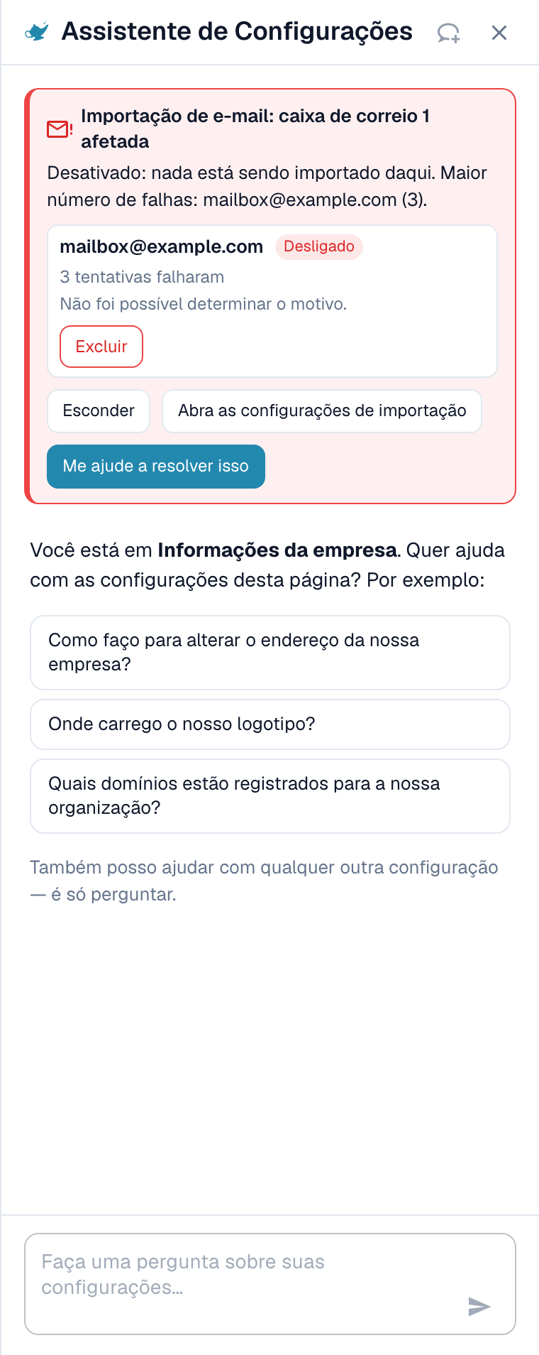 Um cartão de alerta expandido mostrando uma caixa de e-mail desativada após três tentativas com falha
