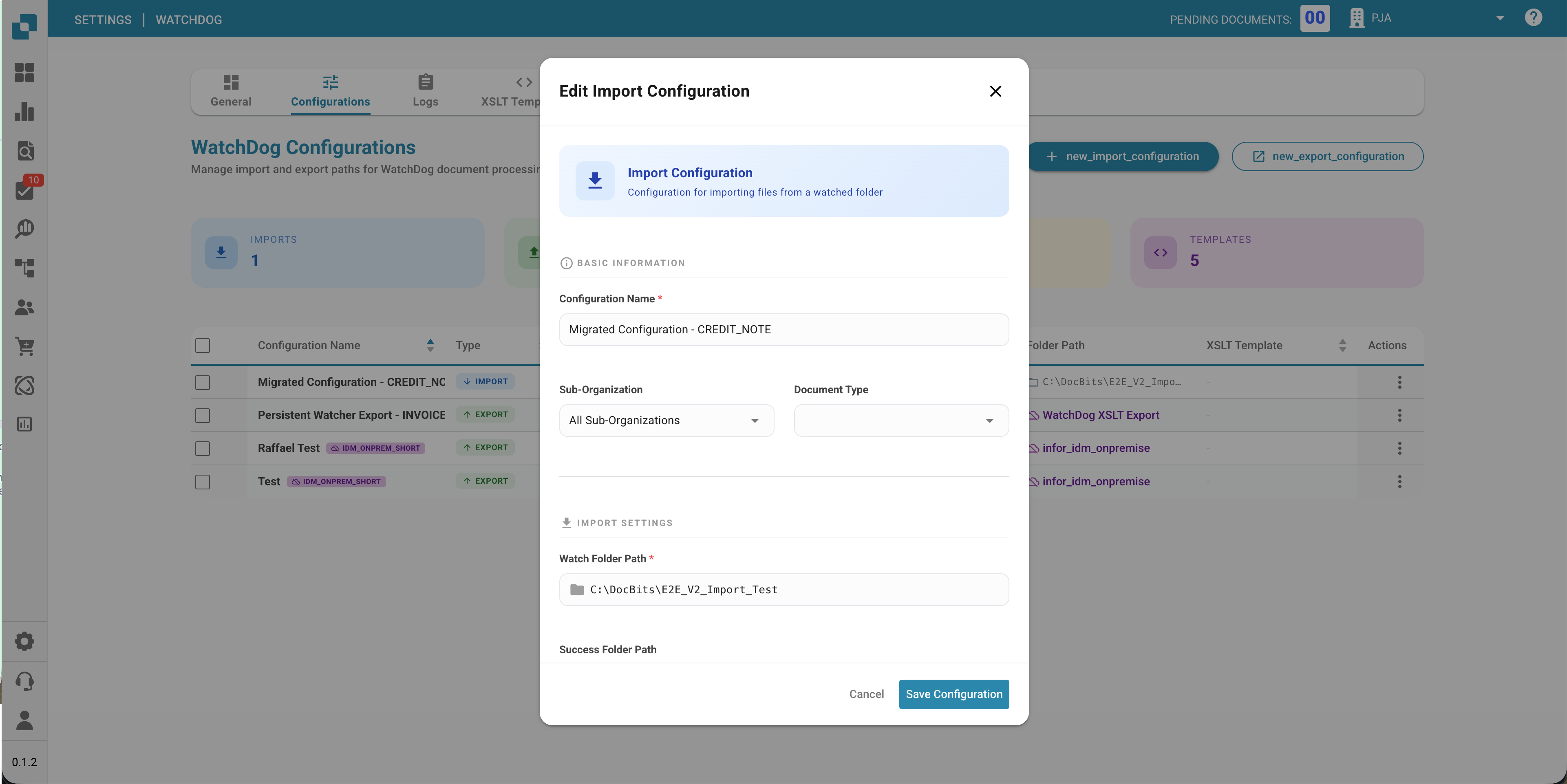 Configurações de exportação do WatchDog