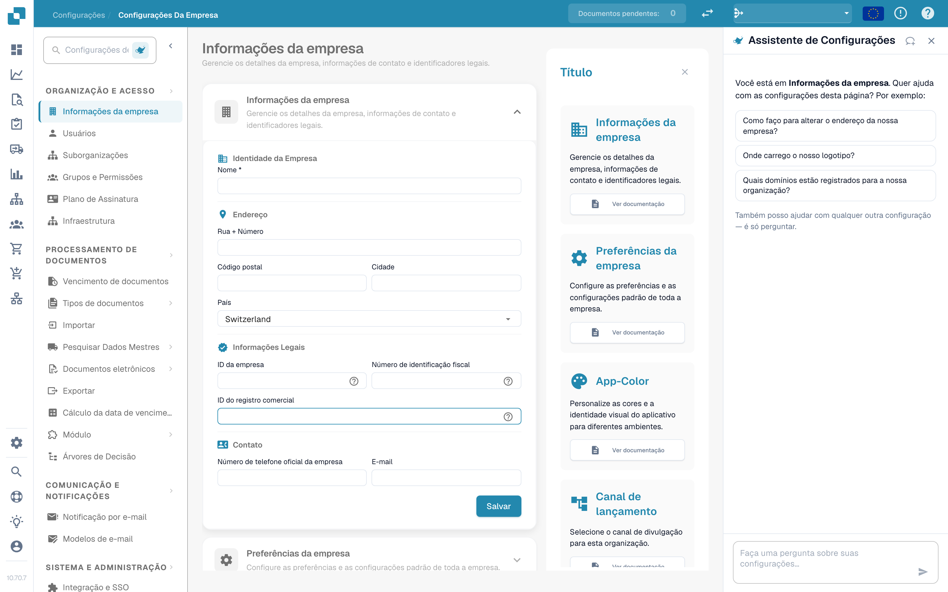 A página Informações da empresa em Configurações com a navegação de configurações à esquerda, a página no meio e o painel do Assistente de Configurações à direita