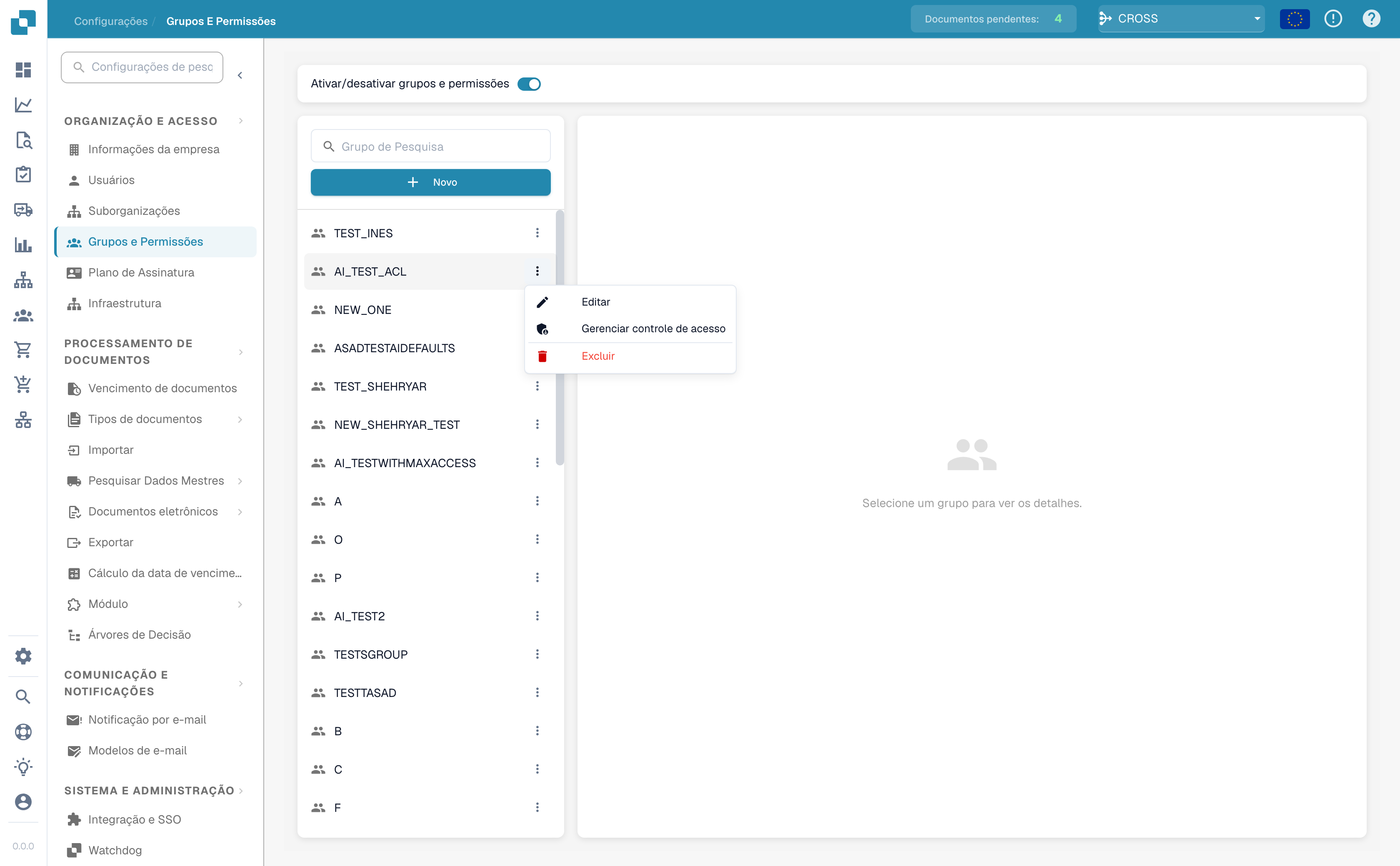 Abrir o menu de linha de um grupo e escolher Gerenciar Controle de Acesso