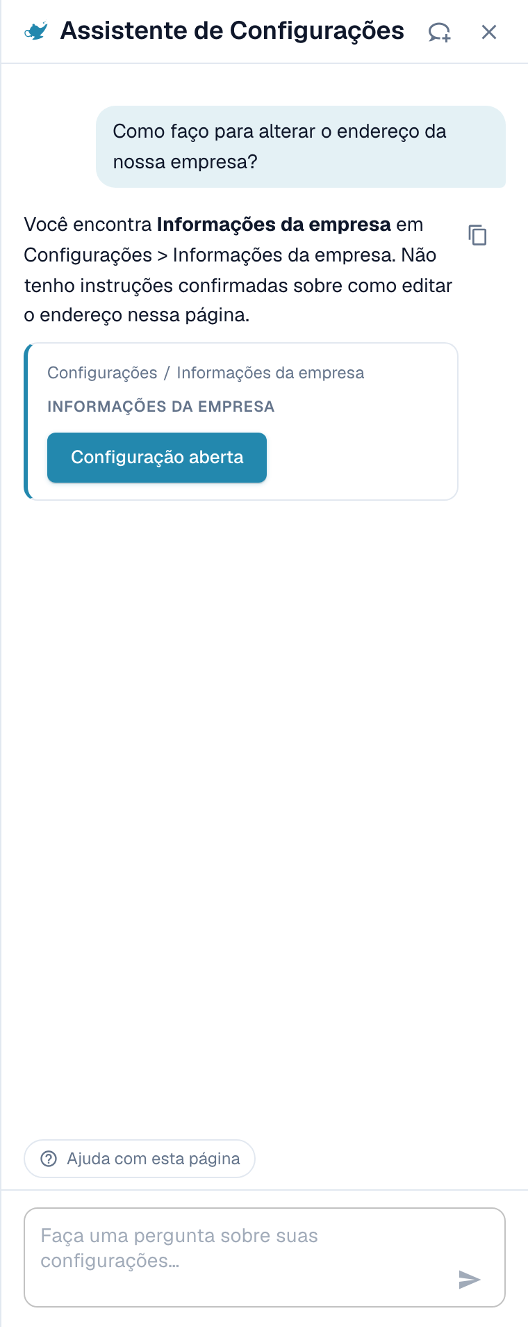 O assistente responde com o caminho até o endereço da empresa e um botão Abrir configuração