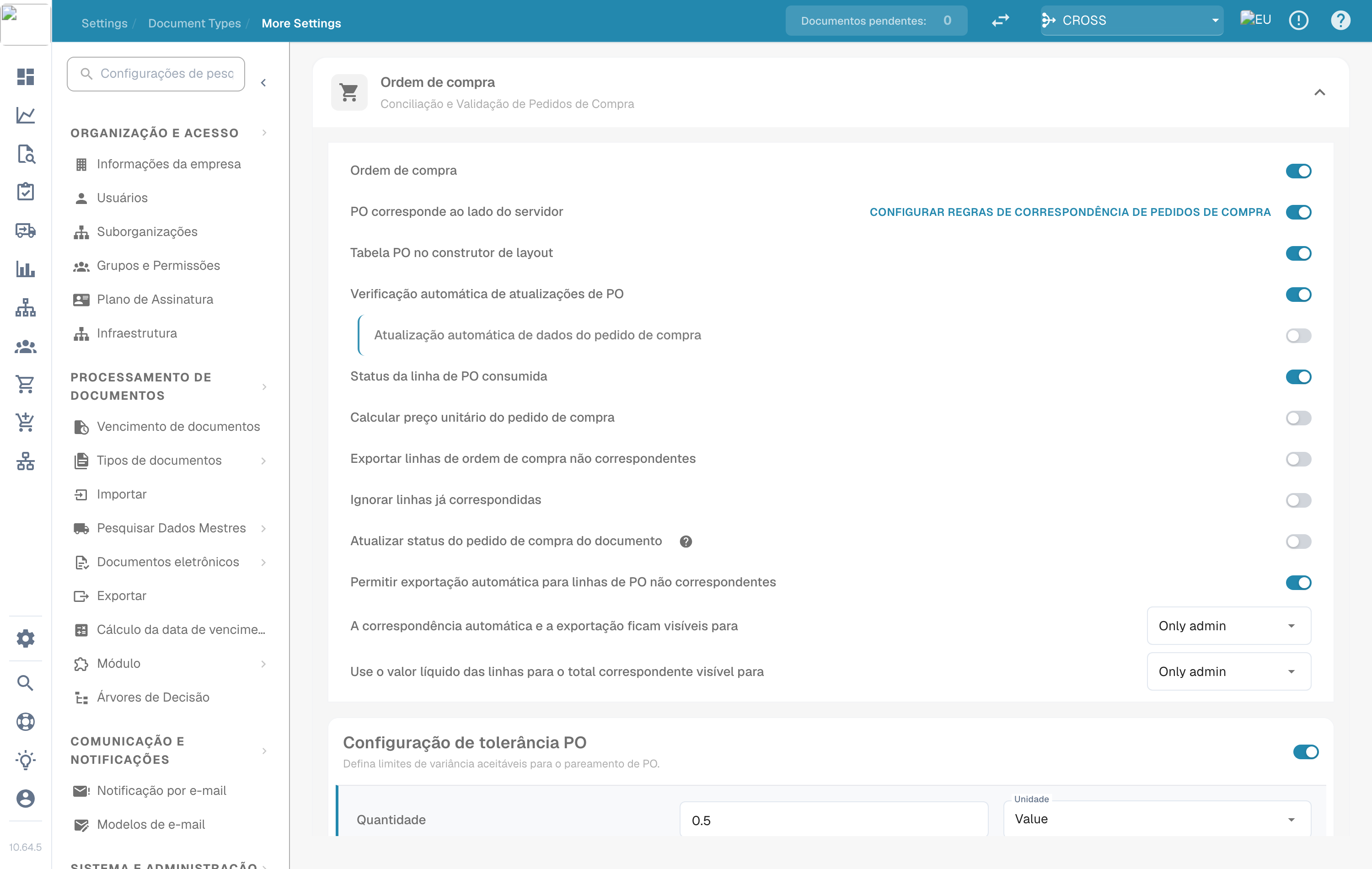 Os alternadores de regras nas configurações adicionais de um tipo de documento