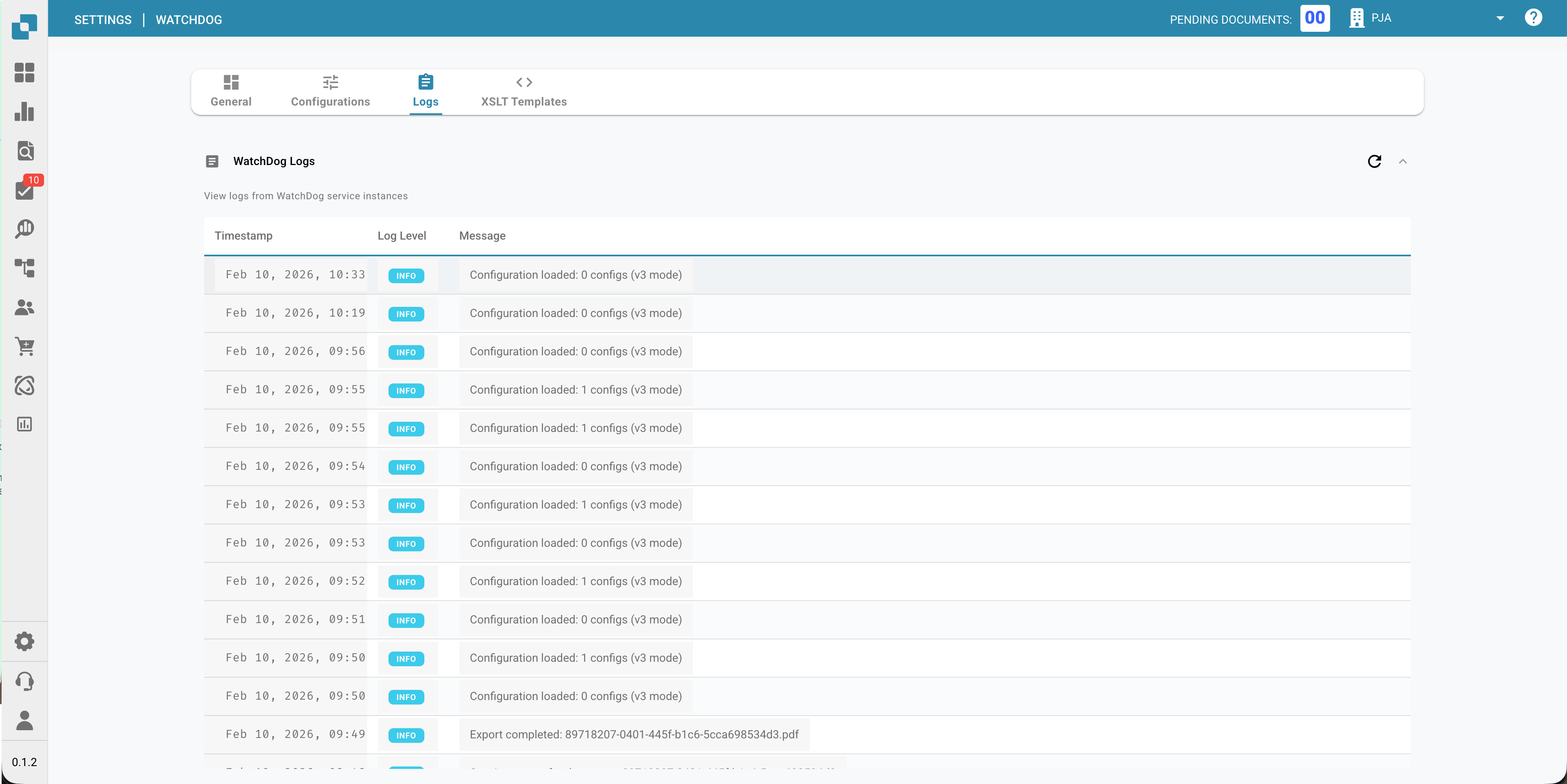 Detalhes da configuração de exportação do WatchDog