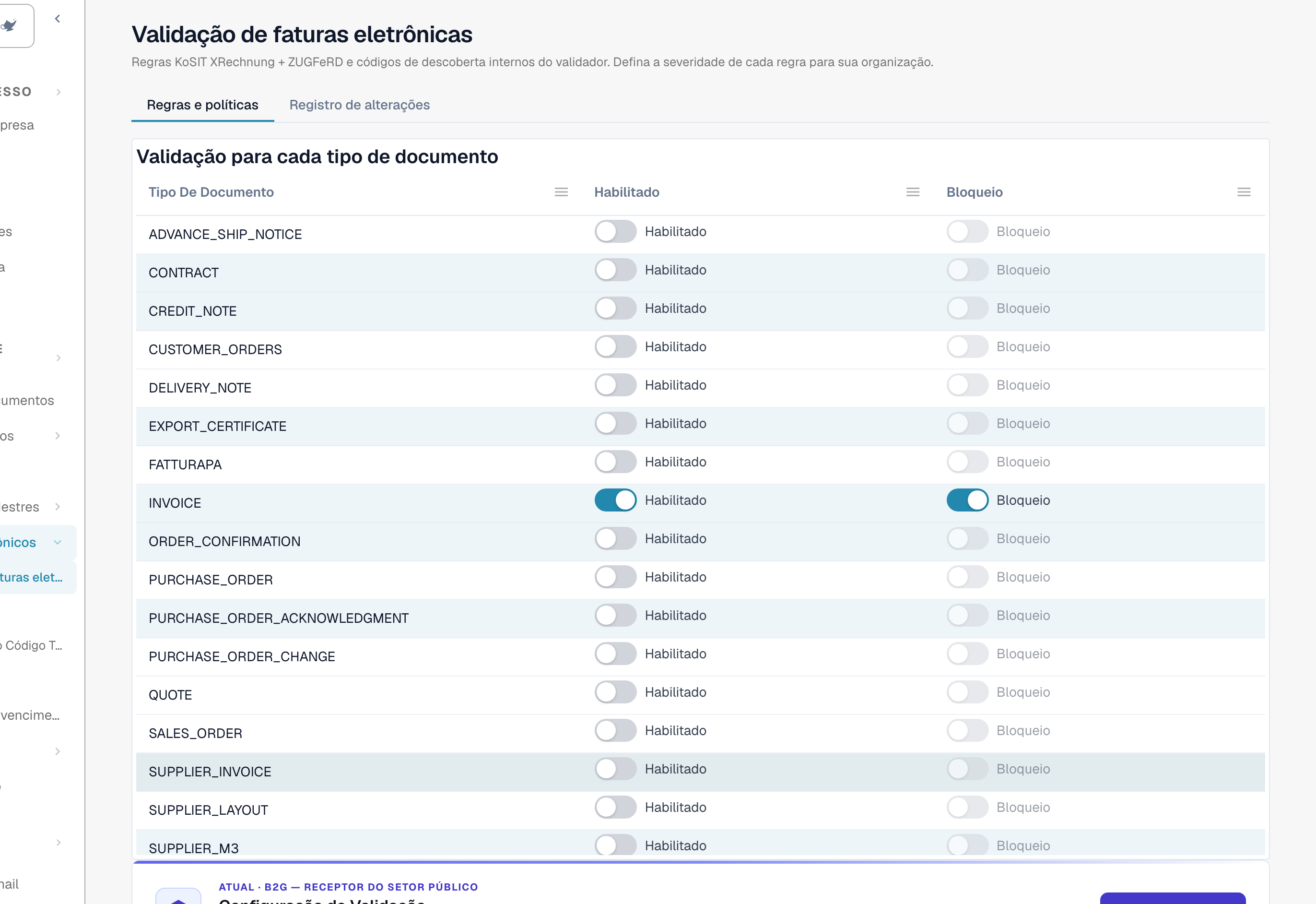 A página Validação de faturas eletrônicas com a tabela Validação para cada tipo de documento