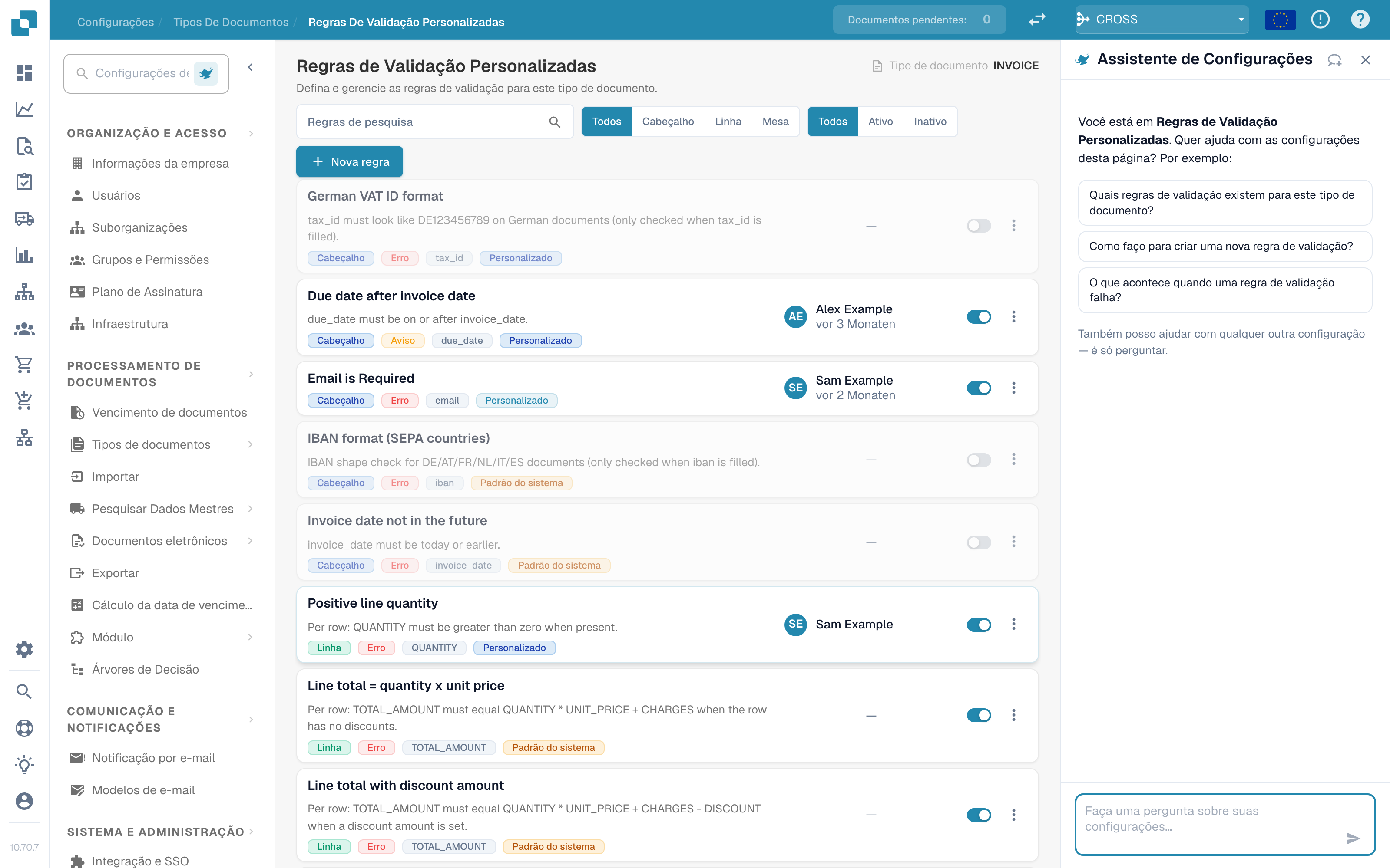 A página Regras de validação personalizadas em Configurações com a lista de regras no meio e o Assistente de Configurações com três perguntas sugeridas à direita